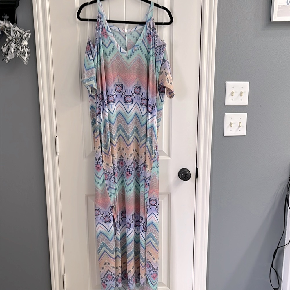 Colorful Geometric Maxi Cold Shoulder Dress